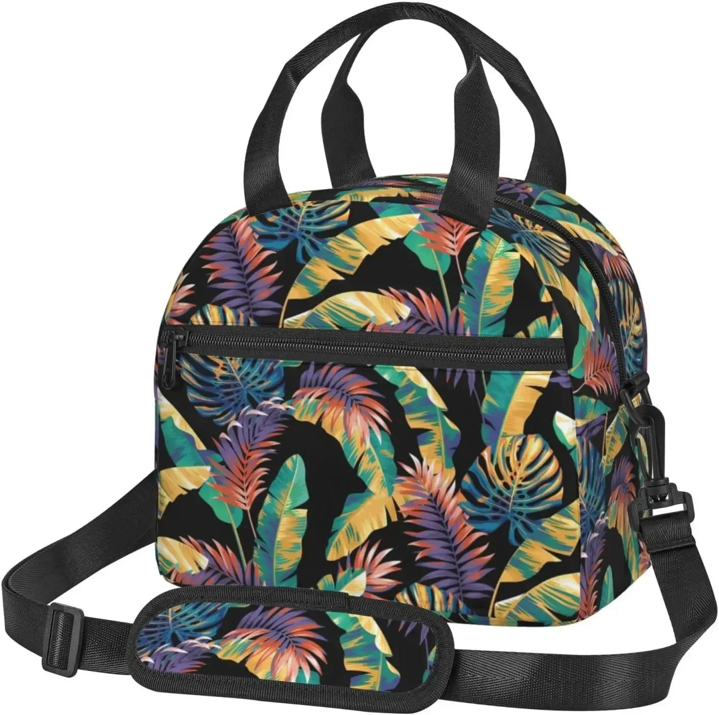 Sac à Déjeuner Hawaïen avec Feuilles de Palmier et Plantes Tropicales, Isolé avec Sangle Initiale Réglable, Réutilisable, pour Femme et Homme