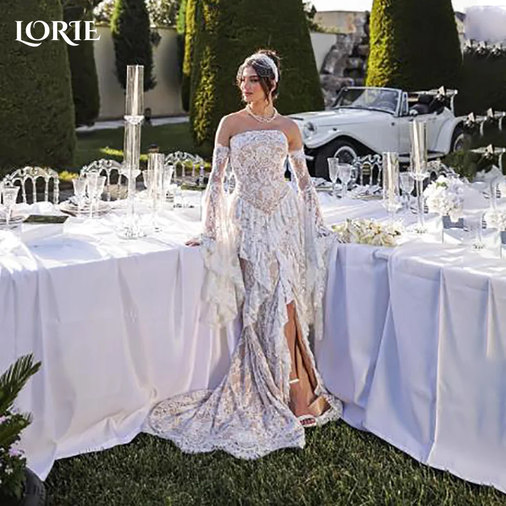

LORIE Vintage Lace Mermaid Wedding Dresses Pleats 3D Flowers Illsion Bridal Gowns Appliques Long Sleeve Corset Bride Dresses2024
