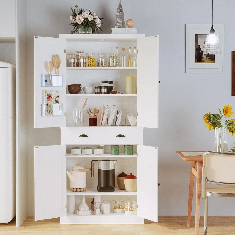 Kitchen Pantry Storage Cabinet 72.6" H, with Barn Doors, Drawer, 4 Adjustable Shelves, Freestanding Cupboard for Dining Room