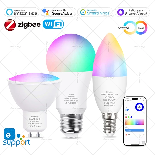 EWelink E27 E14 GU10 Żarówka WiFi Zigbee, ściemnialne lampy LED 3000-6500k RGB, żarówki LED, lampa świecowa Spot Light Voice z Alexa