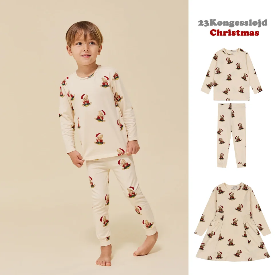 Mother Kids Christmas Bear Autumn Winter New Children\'s Clothes Full Print Long Sleeve Pants Suit Cartoon Dress Home Wear