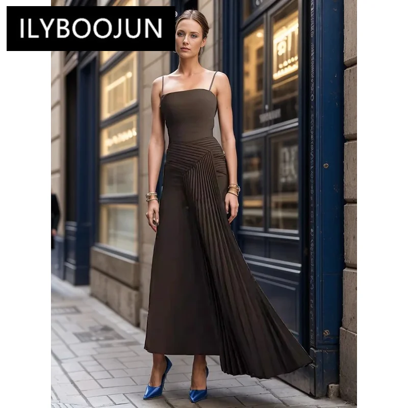 

ILYBOOJUN Solid Spliced Folds Slimming Dresses For Women Camisole Sleeveless High Waist Minimalist Elegant Dress Female New