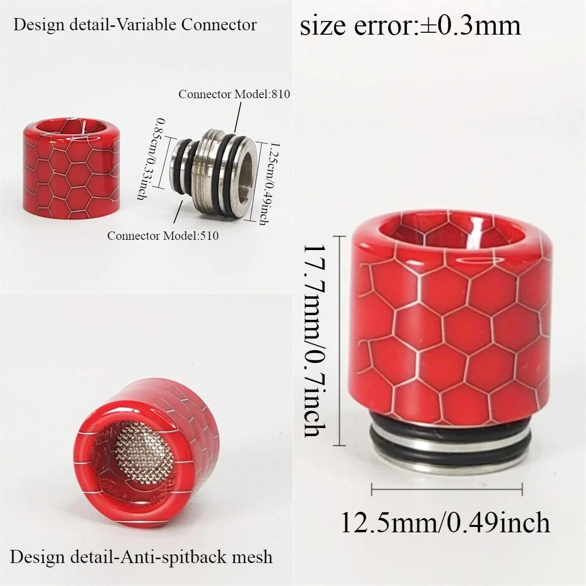 1PC 510 810 Convertible Adapter Drip Tip Stainless Steel Resin with Anti-Spitback Mesh Straw Joint - view 3