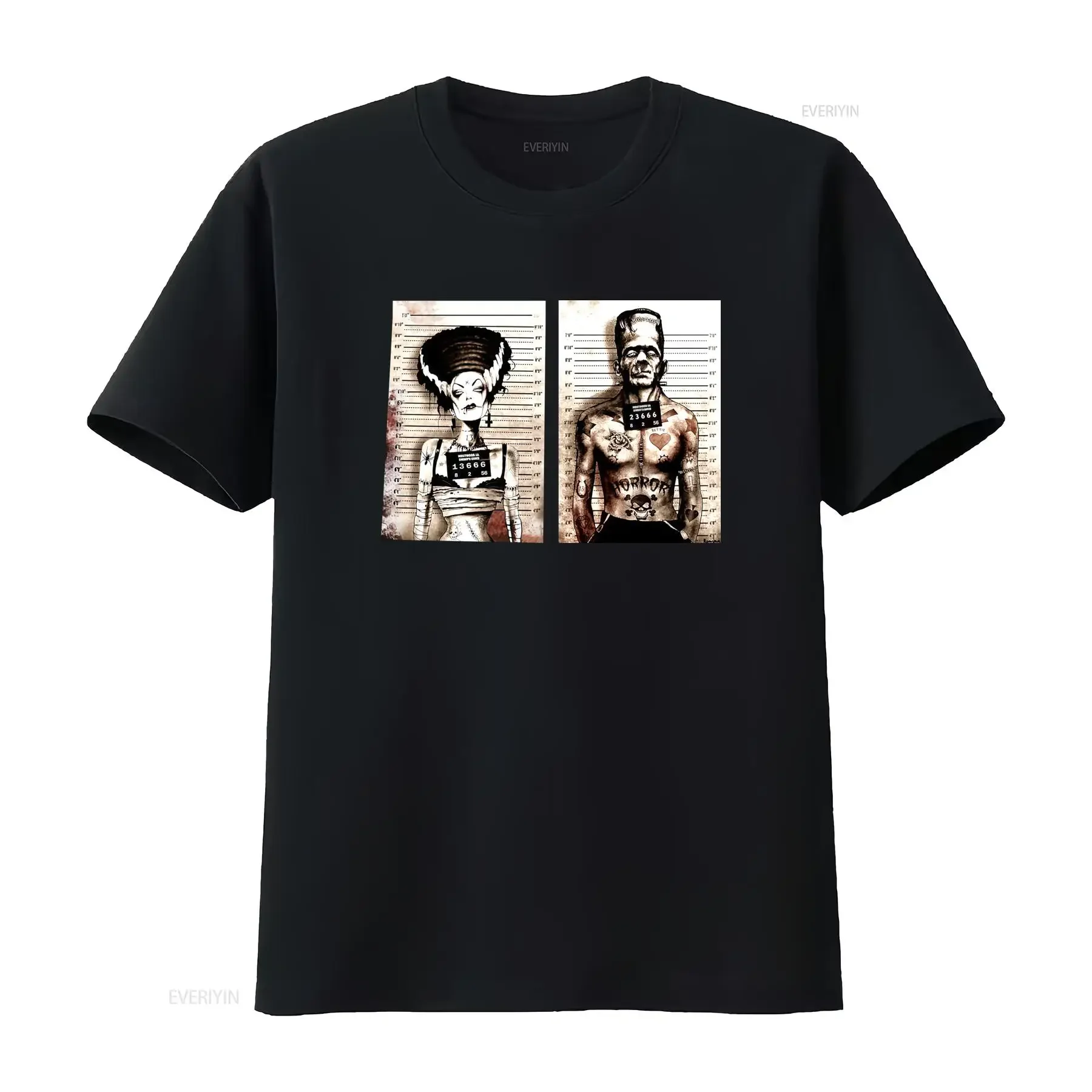 Frankenstein Horror Movie Bride and Monster Mug Shot T Shirt for Adult Men Black New vintage Washed Casual Soft streetwear