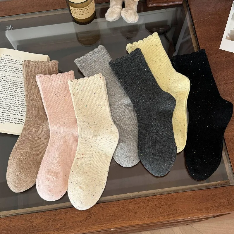 

7 Pairs School Women's Mid-Calf Socks with Ruffles Fall Winter Simple Cotton Warm Slouch Socks Ladies Casual Thermal Socks Woman