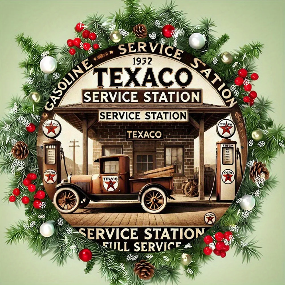 2D Flat – Rundes Metallschild „Vintage Texaco Service Station“ – 19,81 x 19,81 cm, Aluminium, festliche Feiertagsdekoration mit Oldtimer und