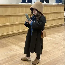 2-9Y Girls' coat new spring and winter woolen coat Korean version of long woolen arm trench coat