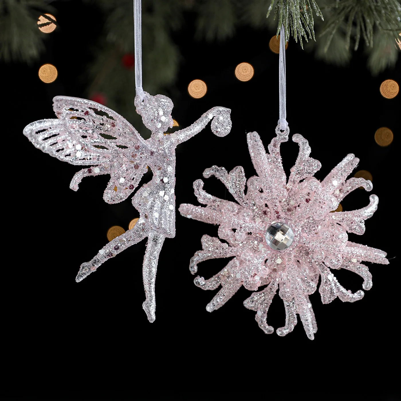 

New Plastic Sticky Powder Hanging Pink Glitter Bells Snowflake Christmas Tree Hanging Decoration Light Luxury Hanging Decoration
