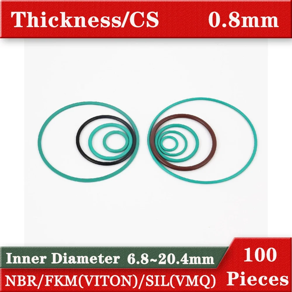 100PCS Select ID size 6.8-20.4 mm NBR VMQ FKM Rubber Silicone o Ring Gaskets CS 0.8 mm Oring Oil Gas Wear Resistant Rings Gasket
