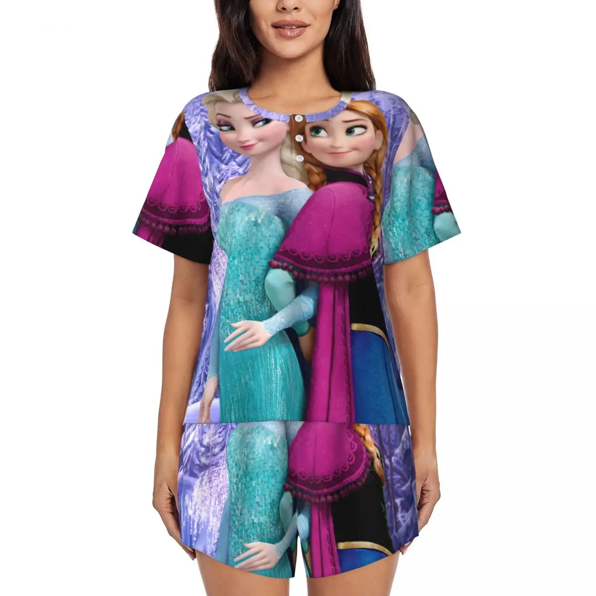 Custom Printed Women Cartoon Frozen Pajamas Set Short Sleeve Anna And Elsa 2 Piece Sleepwear Pjs Lounge Sets