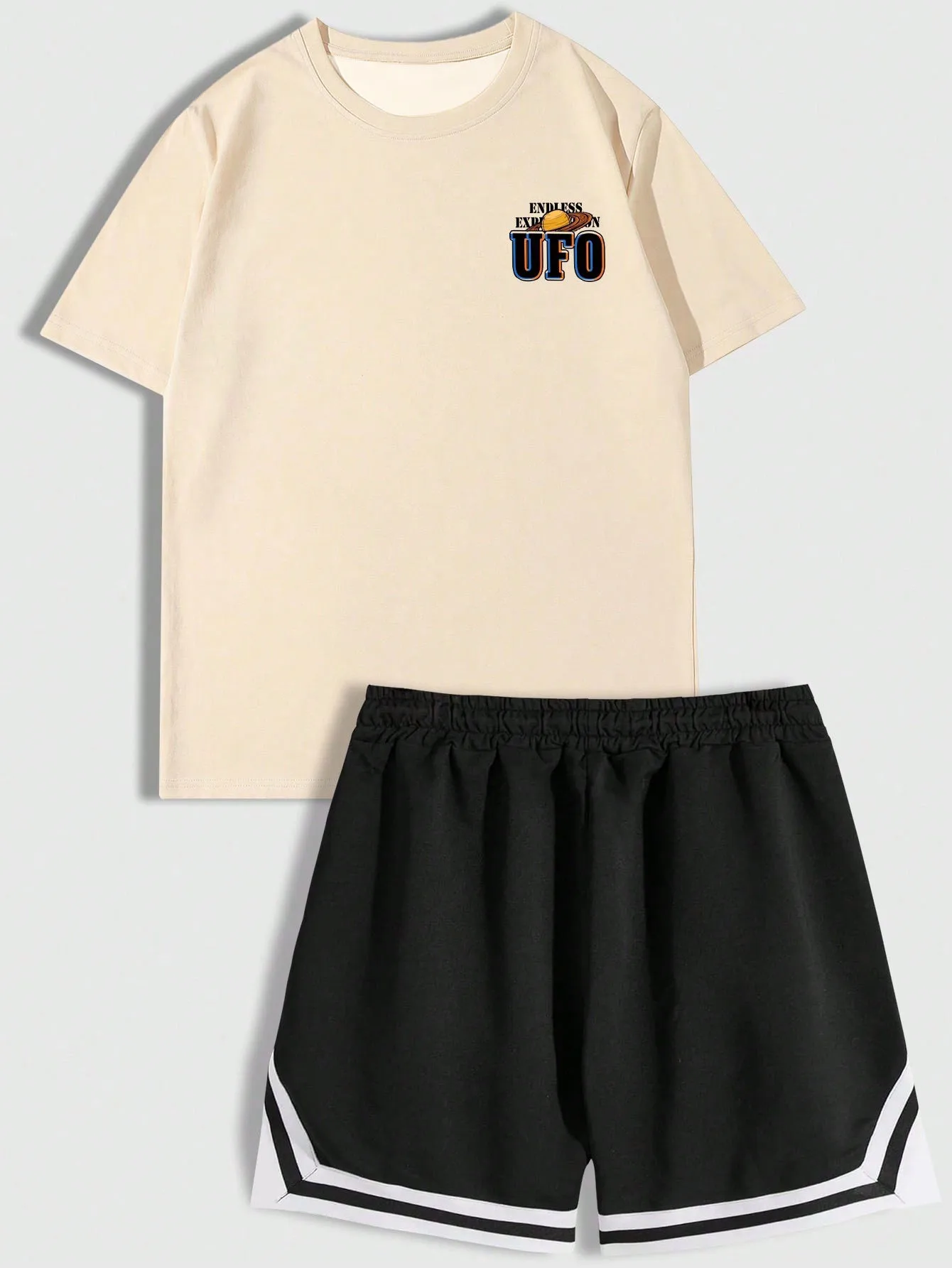 

Cosmic space UFO alien fun pattern printed men's T-shirt and shorts for summer casual wear set
