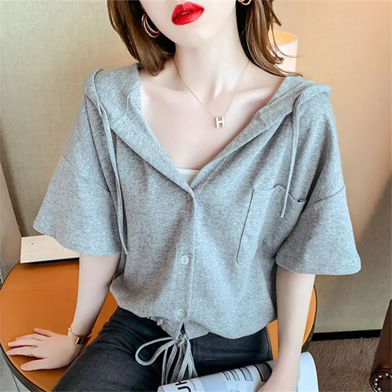 Women's Casual All-Match Hoodies, Monochromatic, Summer Clothes, Elegant Fashion Trend, Slim Short Sleeve Tshirt