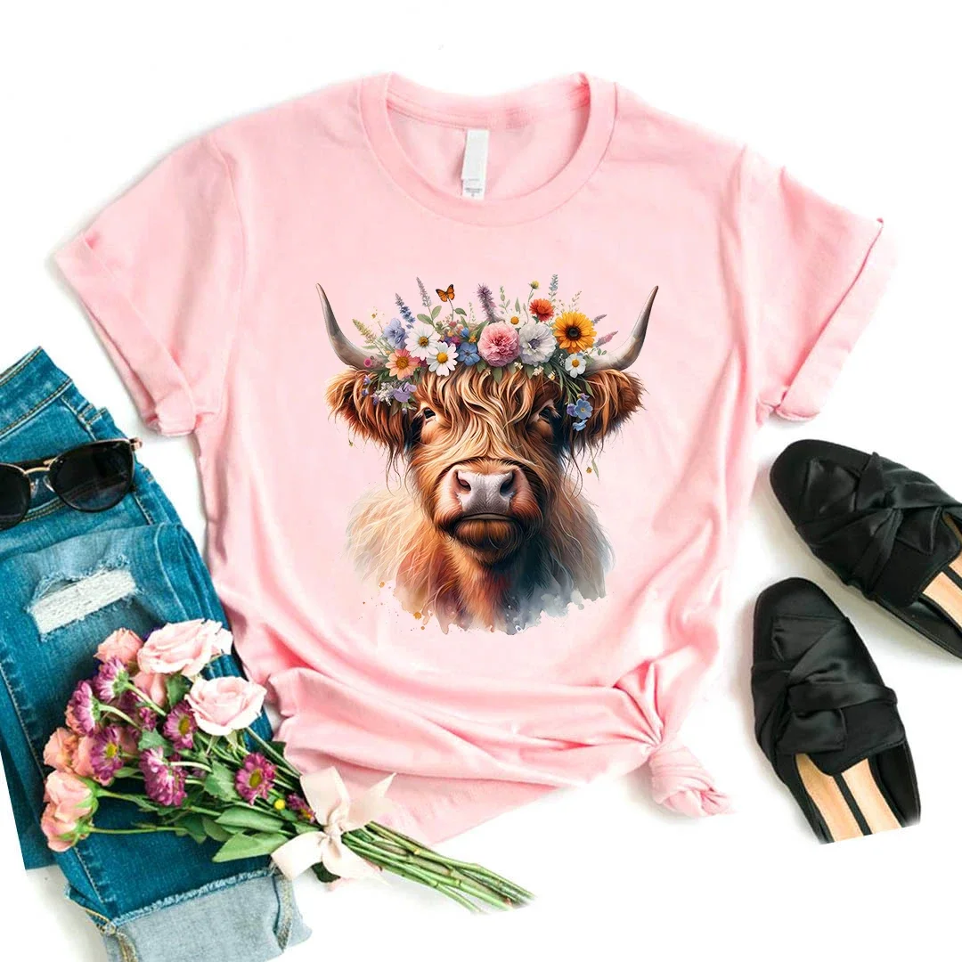 Watercolor Highland Cow Floral Crown Printed Pink T Shirt Girls Harajuku Kawaii Summer Fashion Tops Tee Shirt Femme T-Shirt