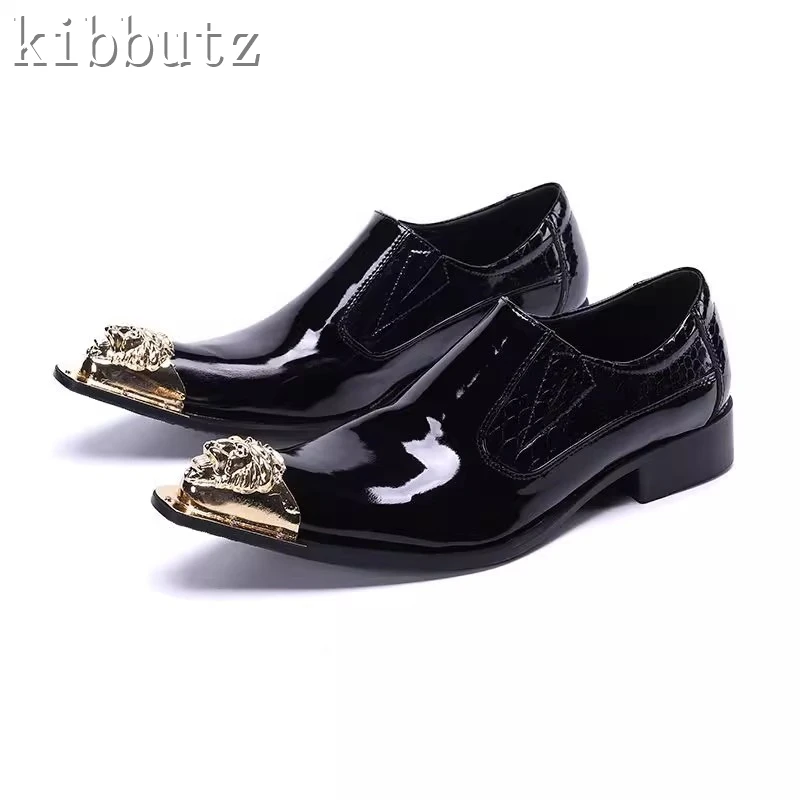 Czarne prawdziwa skóry mężczyźni buty do biura luksusową metalową, szpiczastą wsunięcie na modną imprezę rekreacyjną ślubne buty Oxford Size37-47