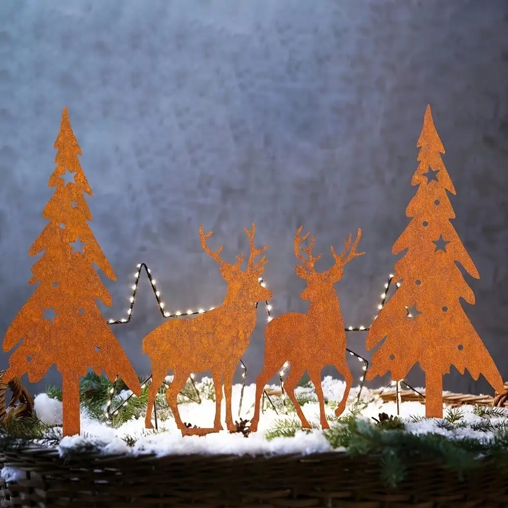 4 قطع من غزال الغابة المصنوع من الحديد الصدئ وزخارف شجرة كبيرة - ديكور حديقة مقاوم للطقس لأواني الزهور/الحديقة