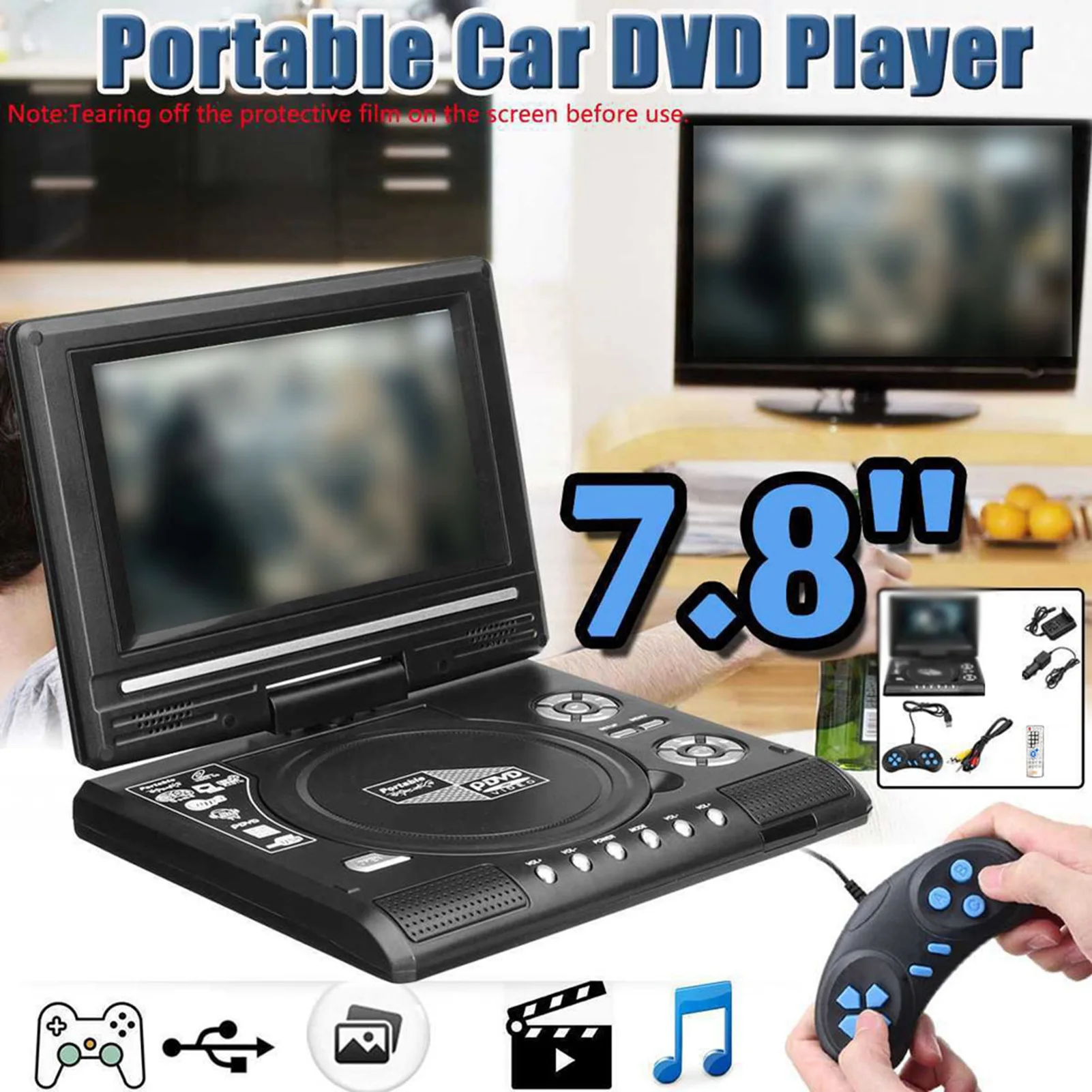 

7.8 Inch 16:9 Widescreen DVD Player 270° Rotatable DVD Viewer Support for Game Function DVD Player 270° Rotatable DVD Player