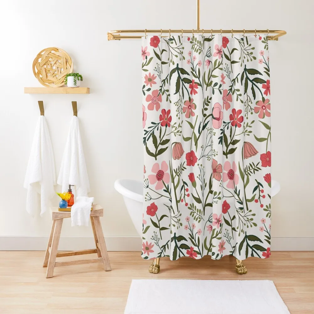 

White & Pink Botanical Garden Floral Print Shower Curtain Anime Bathroom Cute Shower Waterproof Fabric Bathroom Curtain