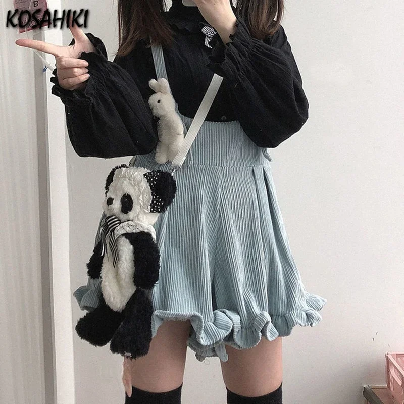 KOSAHISYLE-Short à bretelles en velours côtelé Kawaii pour femme, salopette Lolita japonaise, à volants, couleur unie, mignon, 2024