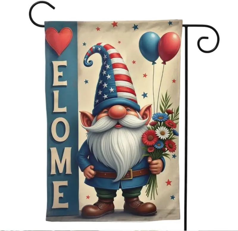 4Th Of July Garden Flag 12×18 Double Sided, Vertical Burlap Gnome Floral Welcome Patriotic Garden Flag Memorial Day Independ ZZM
