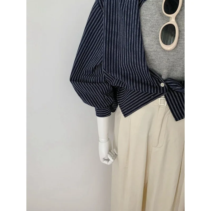 Frans high-end contrasterend verticaal gestreept shirt met lange mouwen voor dames, Koreaanse stijl chic design niche shirt temperament top