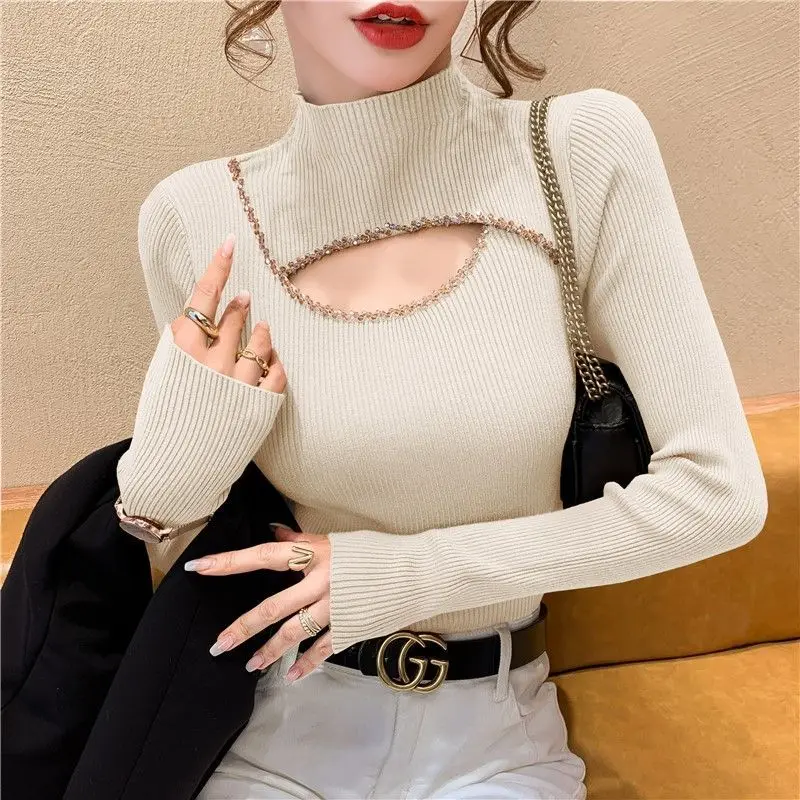 

2023 Autumn and Winter Women's New Half High Neck Sweater Fashionable and Fashionable with Knitted Underlay Sexy Hollow Top