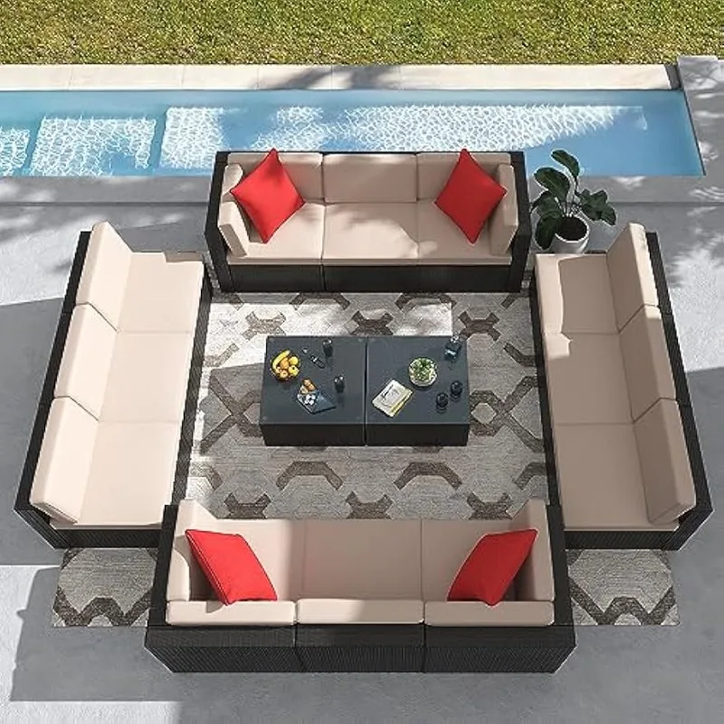 Set di mobili da giardino divano componibile in Rattan PE da esterno da 14 pezzi con cuscini addensati e tavolino in vetro, Beige