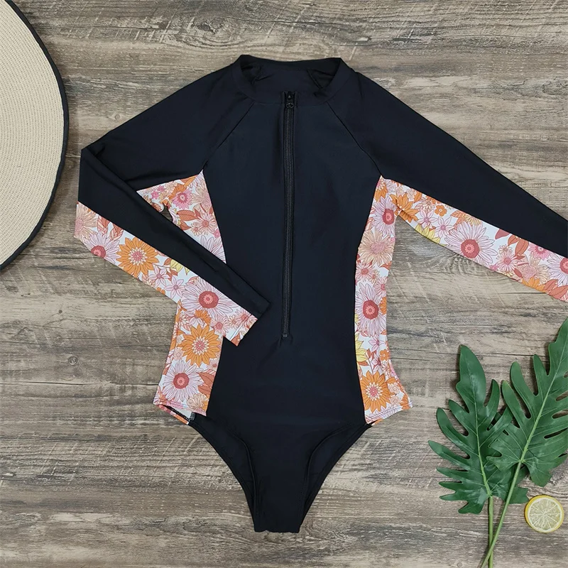 Women\'s Vintage Print Floral Swimsuit, Long Sleeve, Patchwork Bathing Suit, Beach Wear, Surfing, Swim Suit, 1 Pc