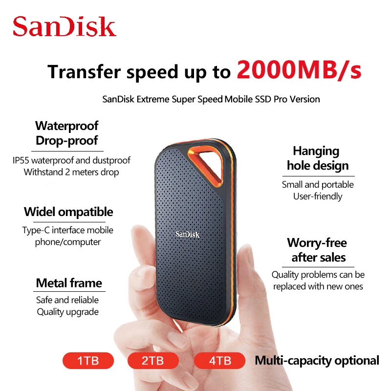 SanDisk E81 Portable External SSD 1TB 2TB 4TB USB3.2 Type-C HD Extreme Solid State Drive Read Speed 2000MB/s NVMe