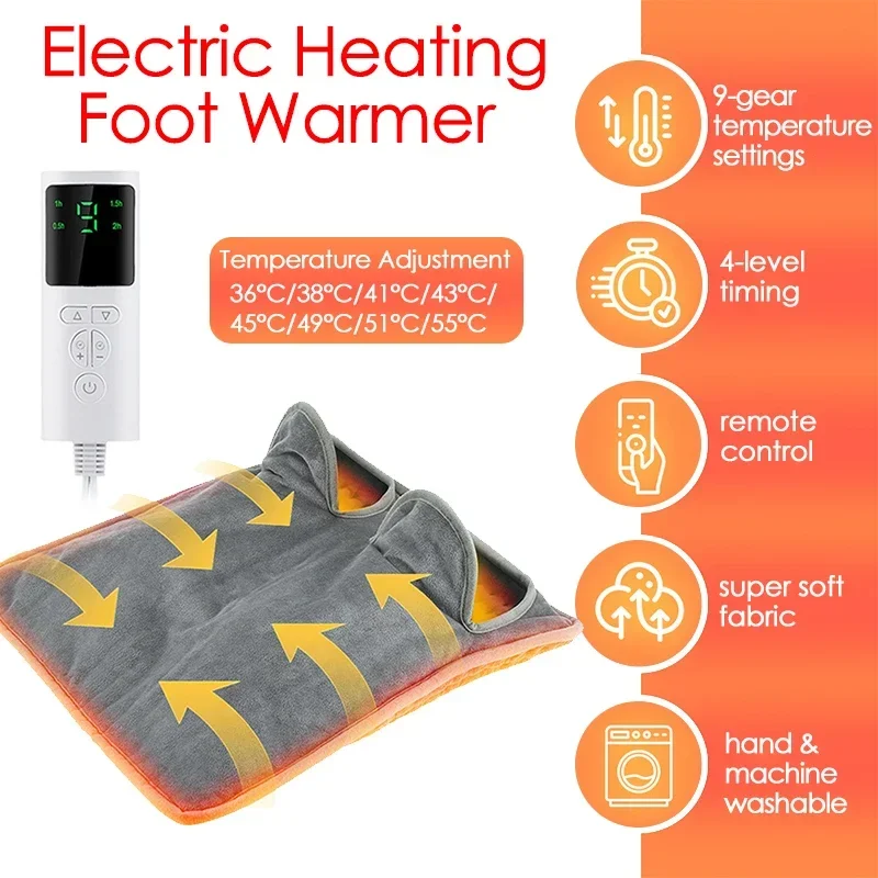 4 Timing 9-Gear Temperature Control Electric Heating Foot Warmer Winter Thermal Heating Pad Washable Foot Heater for Home Office