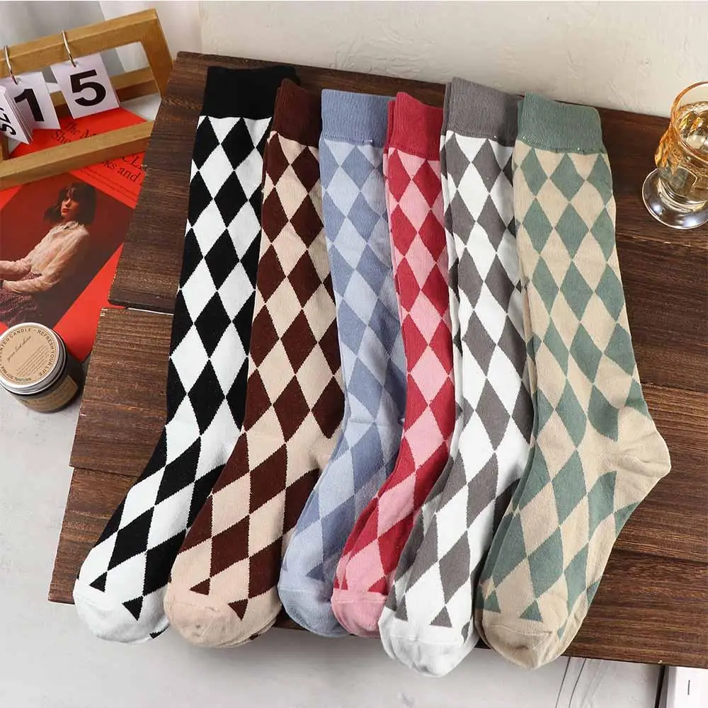 Unique Cute Plaid Cosplay Cotton JK Student Women Stockings Hosiery Rhombus Check Socks Knee High Socks