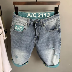 Half Male Denim Shorts with Text Ripped Multi Color Knee Length Men's Short Jeans Pants Graphic Long New In Summer Thin Vintage
