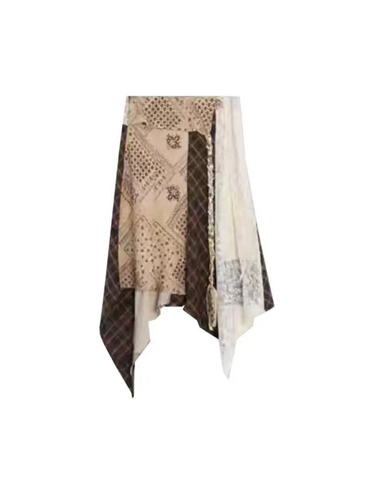 

Korean Sle Vintage Patchwork Midi Skirt Asymmetrical Design Multicolor High Waist Elastic Waist Casual A-Line Skirt