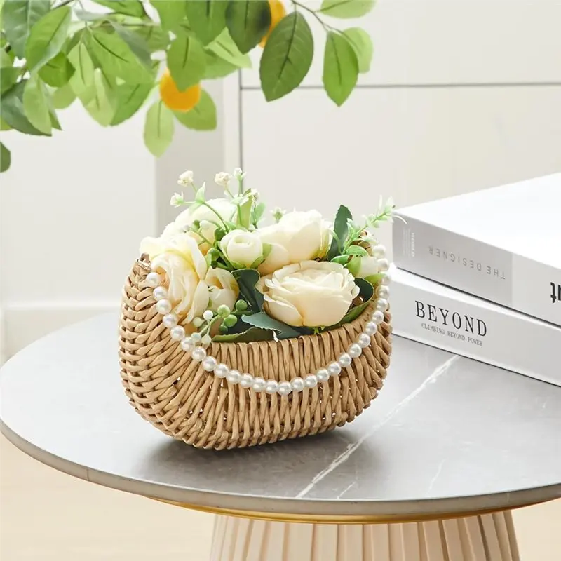 Keranjang Gadis Pengiring Pengantin BAAG-Rattan Dengan Pegangan Mutiara - 2 Buah Keranjang Rotan Setengah Lingkaran Kecil Untuk Penggunaan Pernikahan Piknik Taman