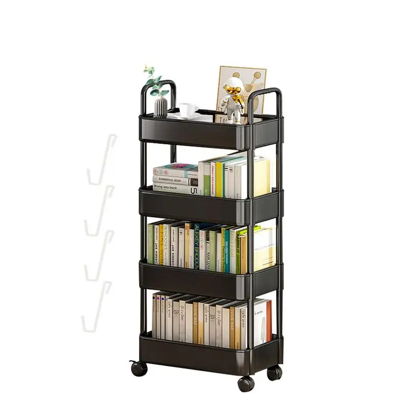 

Utility Cart On Wheels Book Cart Rolling Cart Organizer Rolling Shelf With Wheels & Hooks Snack Cart 3/4 Tier Movable Storage