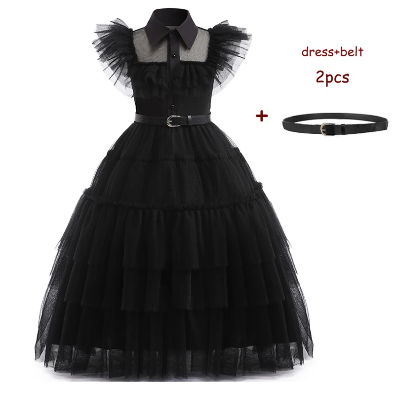 Girls Wednesday Cosplay Costumes Children's Mesh Black Lace Party Dress Halloween Carnival Clothes Womens Show Maxi Skirt Outfit