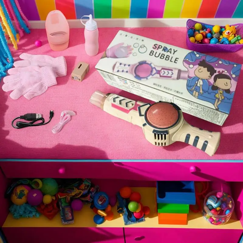 Máquina de bolhas para crianças, máquina de bolhas ao ar livre com neblina elástica, conjunto recarregável com solução de recarga, brinquedos sensoriais ao ar livre