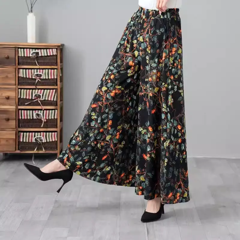 New Floral Wide Leg Pants Women 2024 Summer Moms Thin Fashion Elastic Waist Loose Large Size Culottes K1382