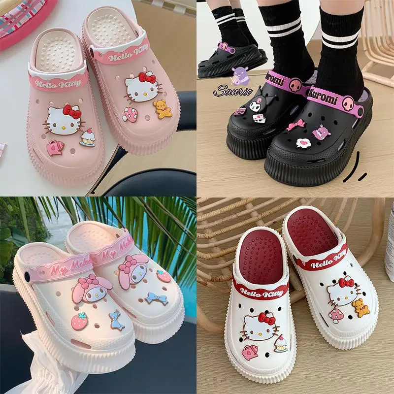 Hello Kitty Cartoon Beach Sandal Sanrio Kuromi My Melody Cinnamoroll Women's Summer Slippers Thick Sole Outer Wear Hole Shoes