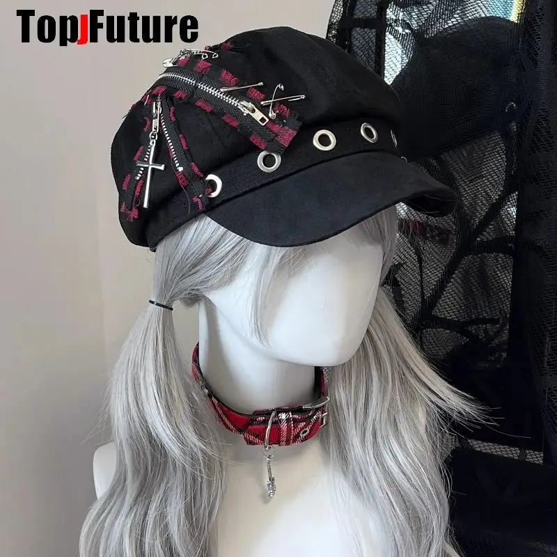 Wholesale Custom Make Customized Women Harajuku Gothic Lolita Beret hat Cap Y2K Girl Steampunk Punk zipper handmake Sun hats