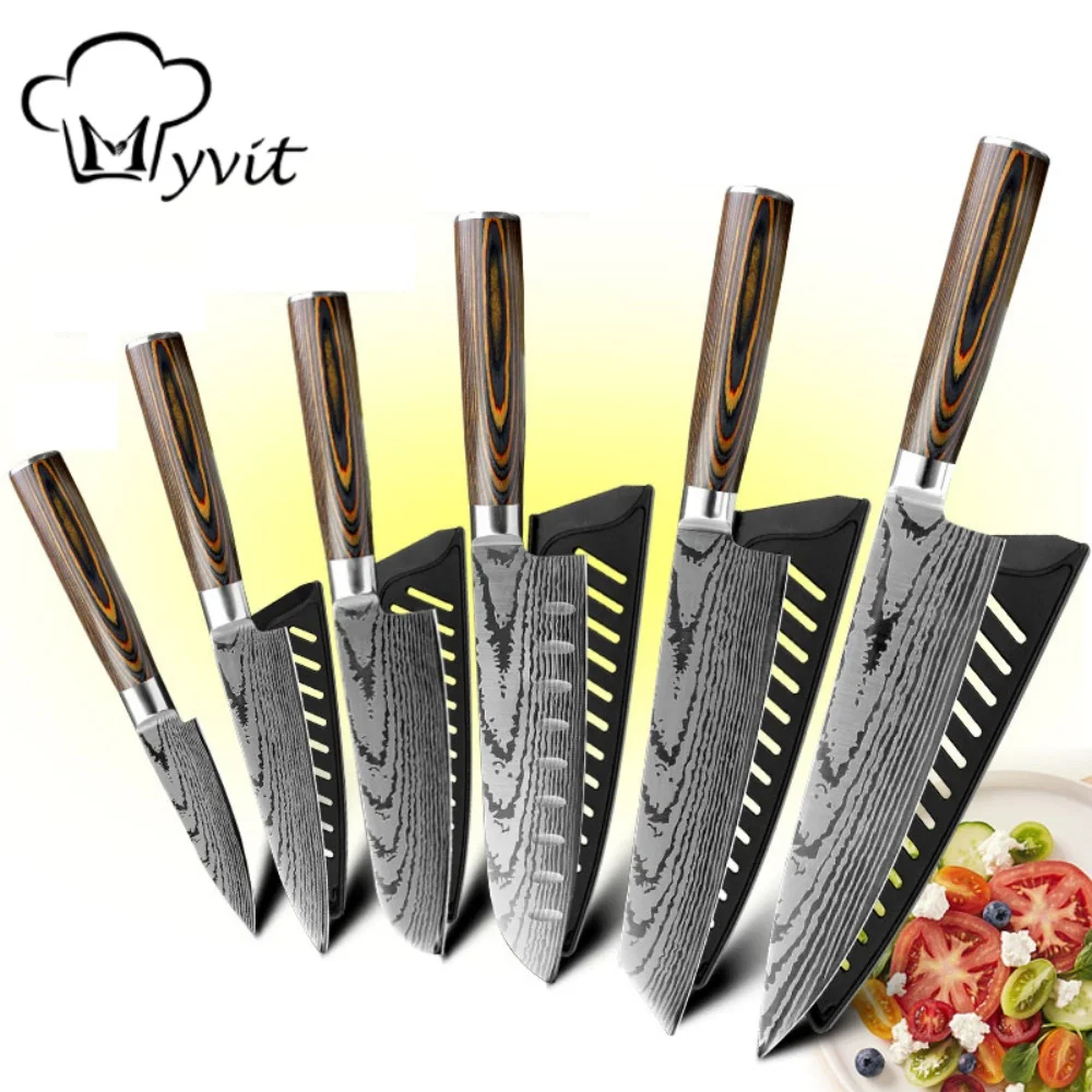 MYVIT Kitchen Knife Set 1-9PCS,7Cr17Mov Stainless Steel Sharp Chef Knife Santoku Knife Fruit knife Ergonomic Pakkawood Handle