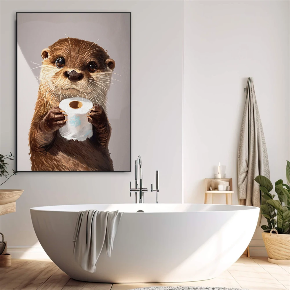 Bathroom Cute Animal Wall Art Poster Cute Otter Holding Toilet Paper Roll Oil Painting Prints Funny Canvas Painting Toilet Decor