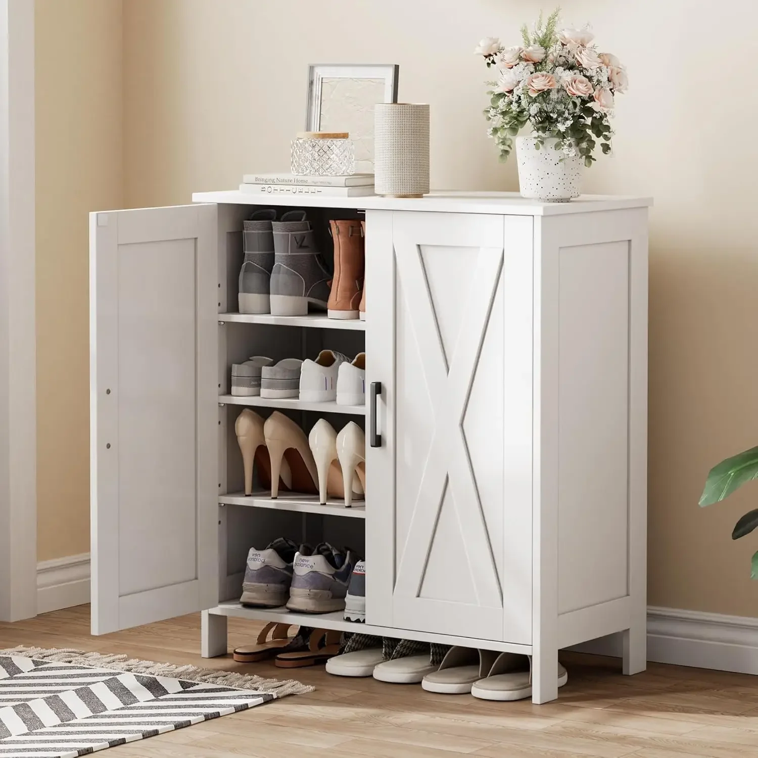 

Farmhouse Shoe Cabinet with 2 Barn Doors & Wood Legs, 5-Tier Shoe Storage Cabinet with 3 Adjustable Shelves, Tall Shoe Rack Orga