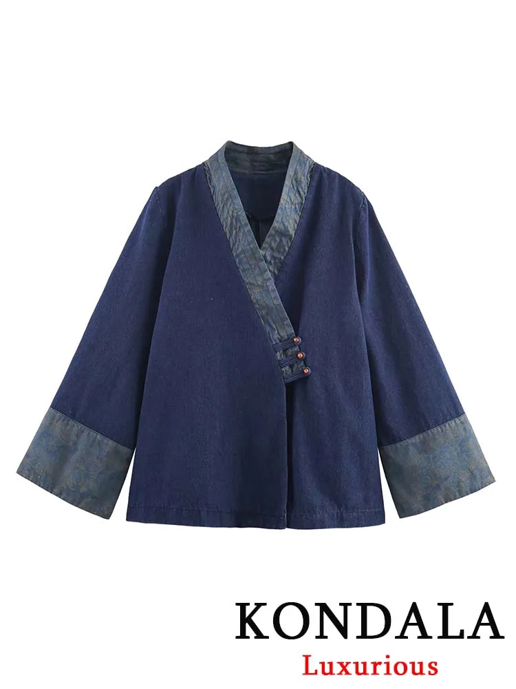 

KONDALA повседневные шикарные женские джинсовые топы темно-синие лоскутные топы с v-образным вырезом и пуговицами, свободный топ, новая мода 2025 года, праздничные осенние женские топы