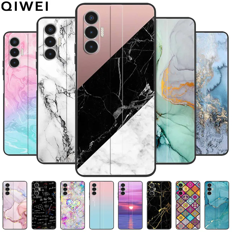 For Tecno Pova 3 Case Black Bumper Soft Silicone TPU Coques for Tecno POVA 3 Protector Covers on Pova3 LF7n Marble Printing Para