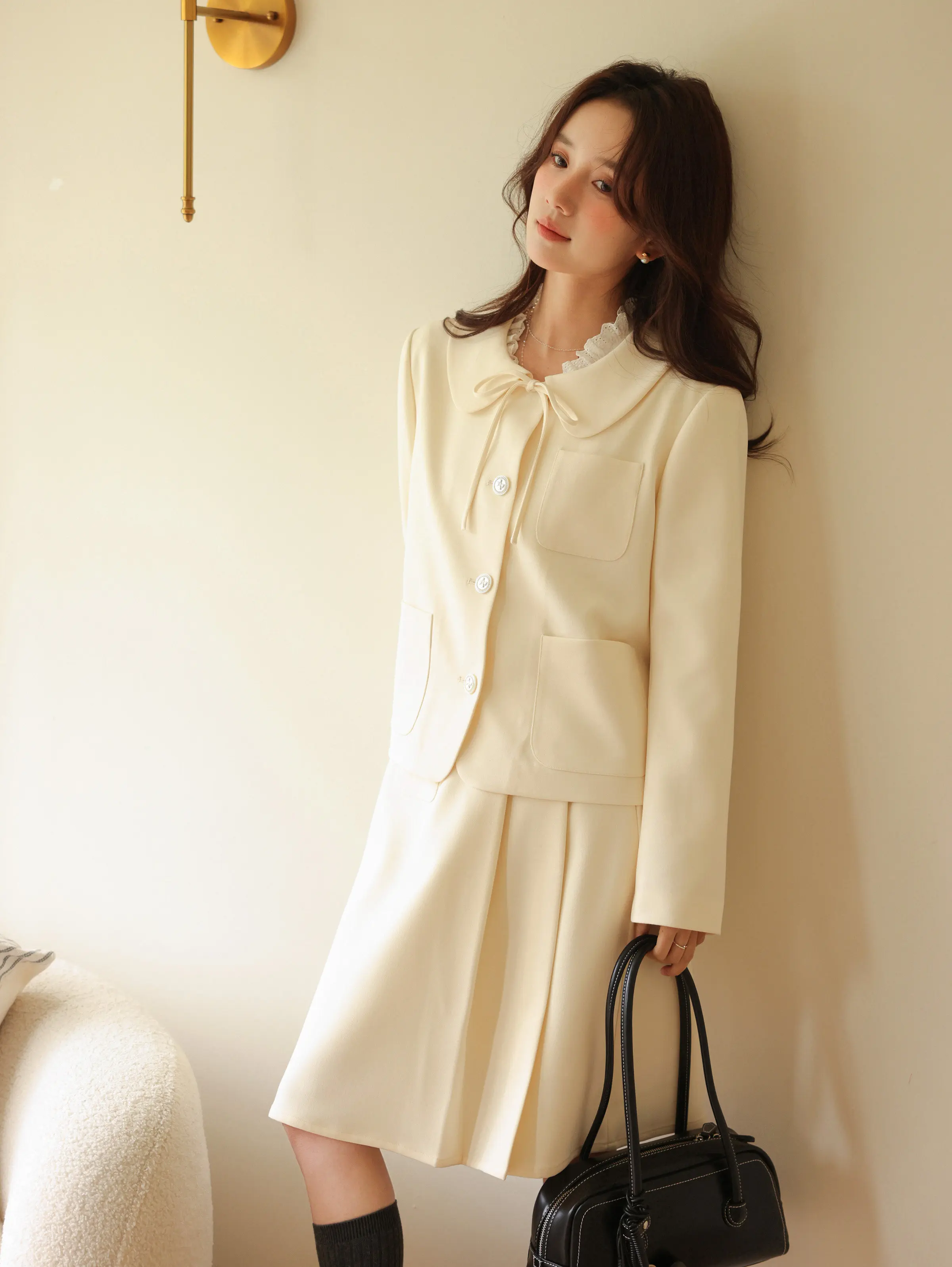 Conjunto de falda y chaqueta con cuello de muñeca Preppy para mujer, chaqueta acampanada juvenil con minifalda de cintura alta, traje diario de primavera elegante y pequeño