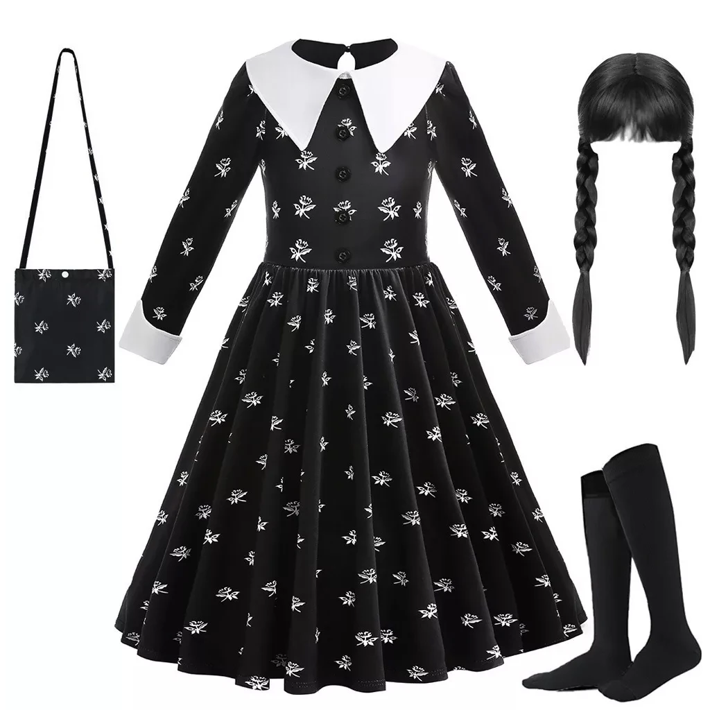 

Kids Classic Wednesday Cosplay Black Long Sleeve Princess Dress With Wig Socks Bag Birthday Carnival Party Winter Costume 2-12Y