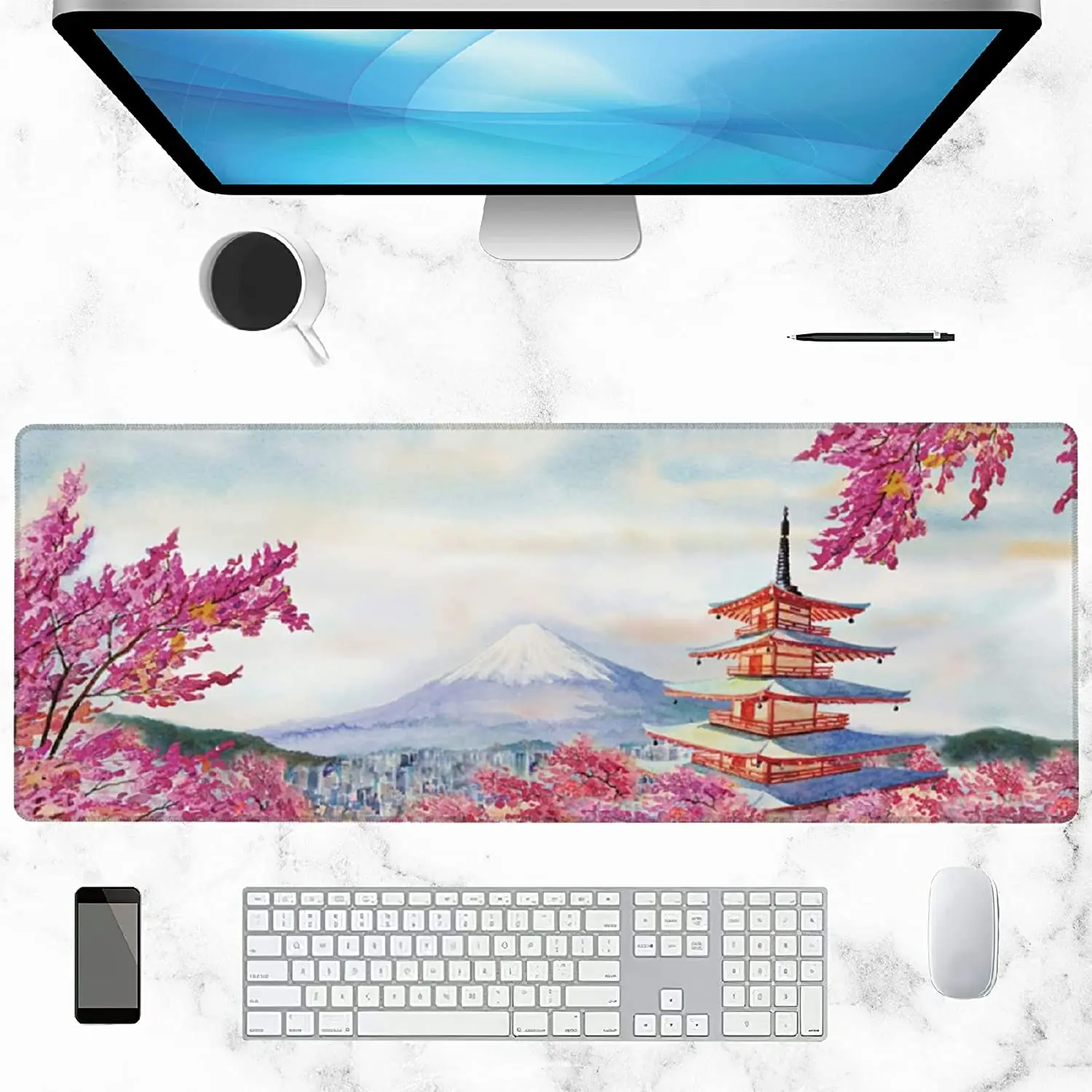 Japanese Cherry Mouse Pad Large Blossom Extended Mouse Pad,Non-Slip Rubber Desktop Mat Sewn Edges, Desktop  35.5 x 15.7