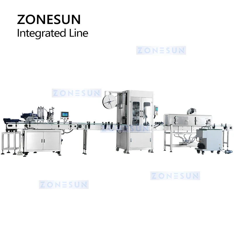 ZONESUN Automatic 4-in-1 Filling Capping Inner Cap Pressing Bottle Filling Line Shrink Sleeve Packaging Machine ZS-STB150R