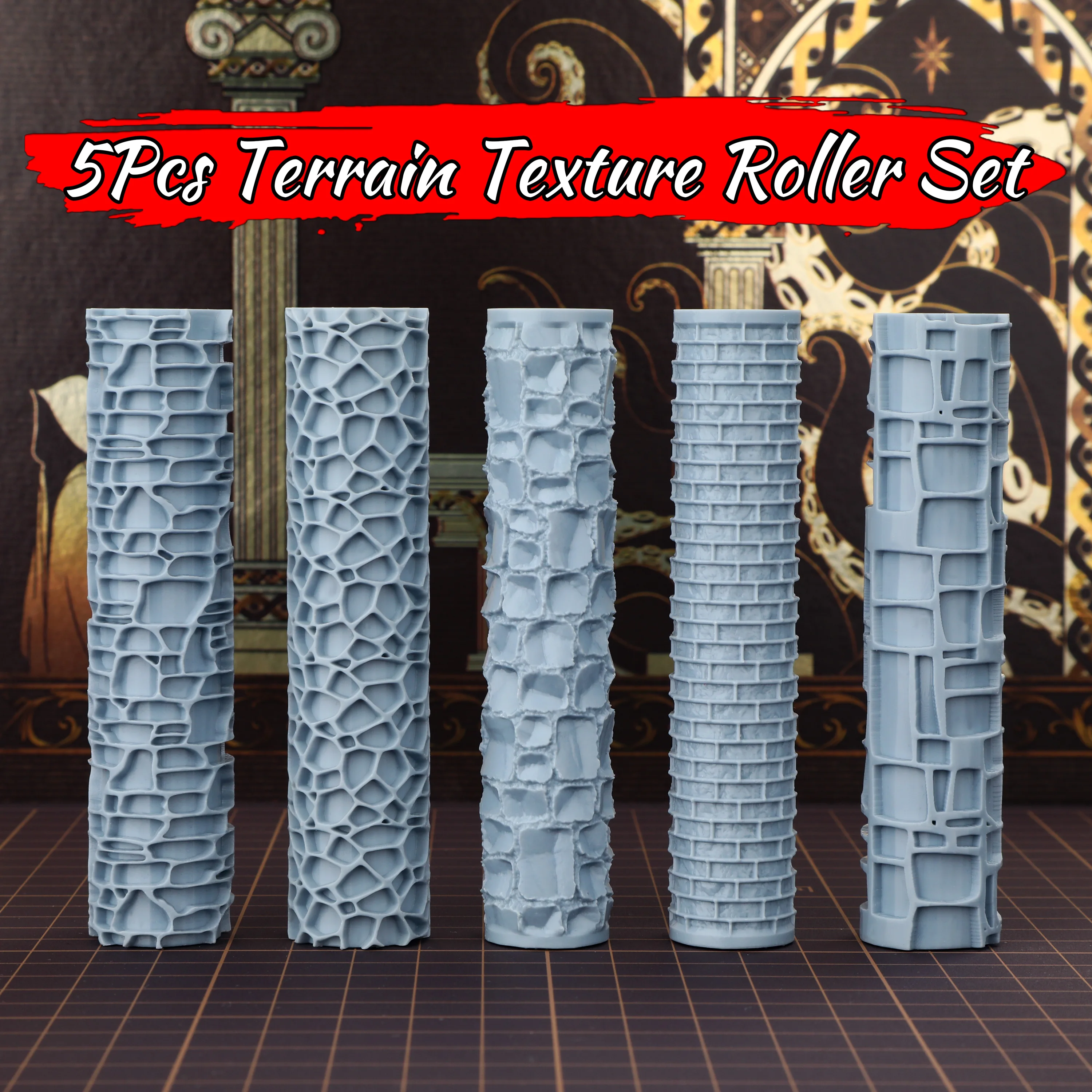 5-teiliges Terrain-Roller-Set – Texturwerkzeug für TTRPG-Dungeon-Böden, schlammige Straßen und zerstörte Wände | Leicht zu reinigen, Geschenk für Modellbauer – Detail 2