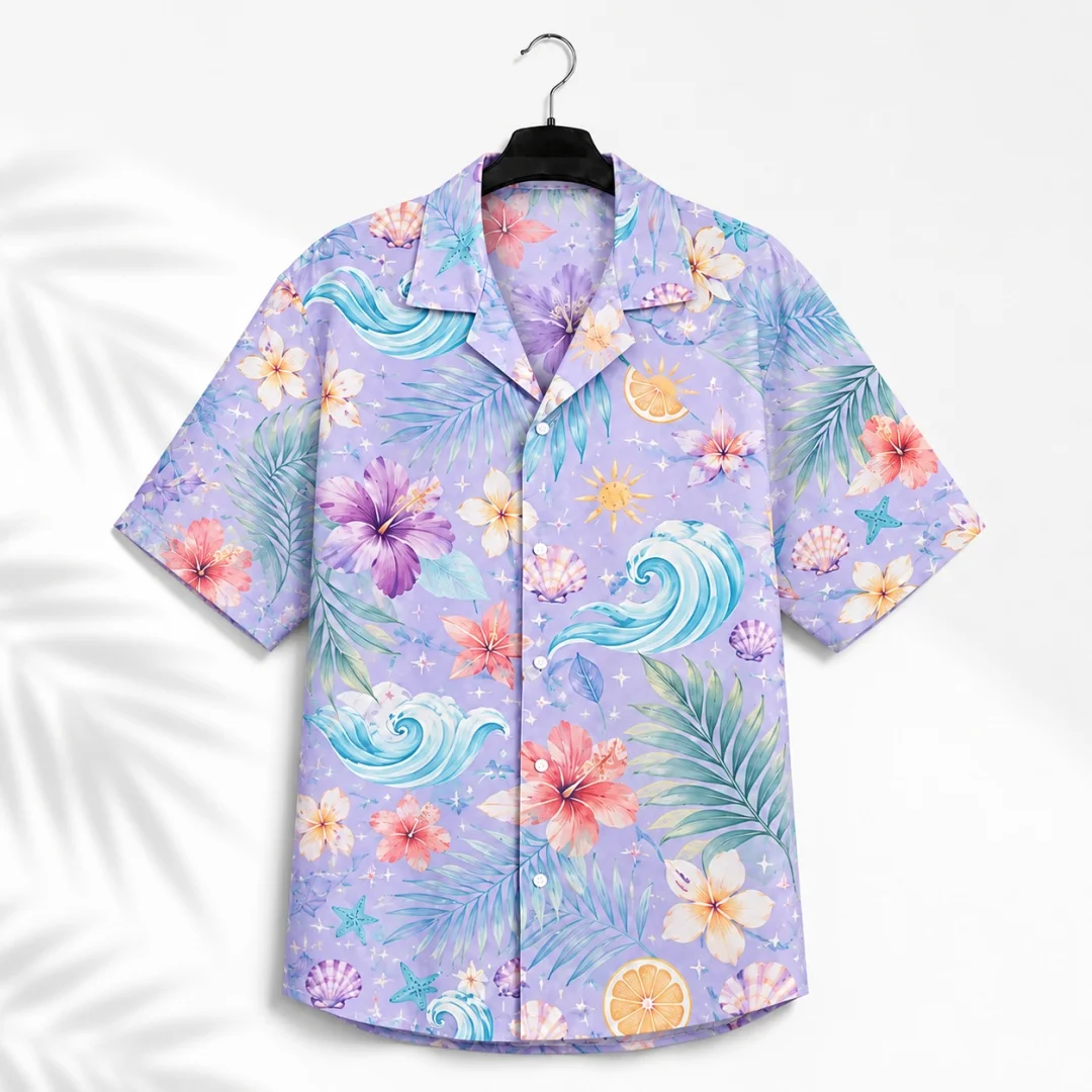 Men Purple Hawaii 2 Piece Outfit Tropical Wave Seashell Floral Print Short‑Sleeve Shirt Drawstring Shorts Beach Vacation Suit